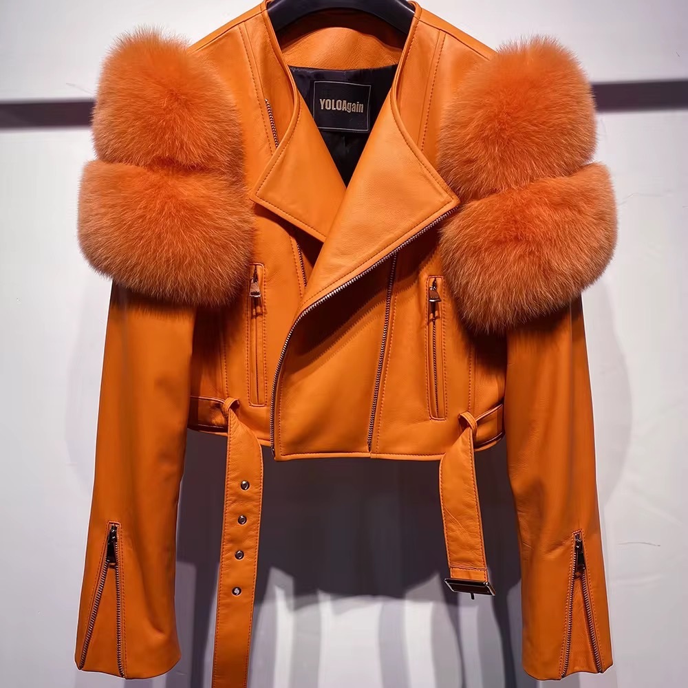 Women's Orange Leather Jacket with Fur Accents